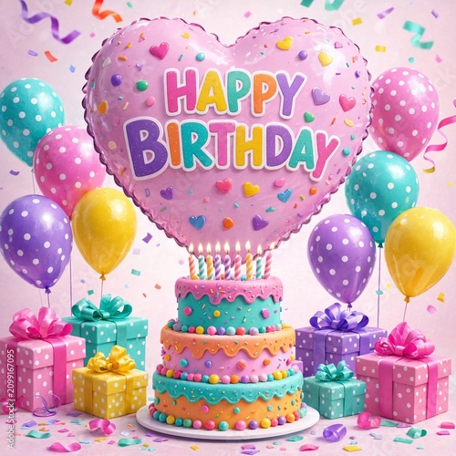 Colorful three tier birthday cake with a large pink heart shaped balloon that says happy birthday surrounded by festive party balloons and wrapped gift boxes for celebration