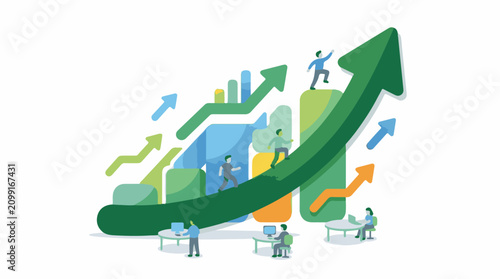 Abstract illustration of business growth with people scaling upward trend charts