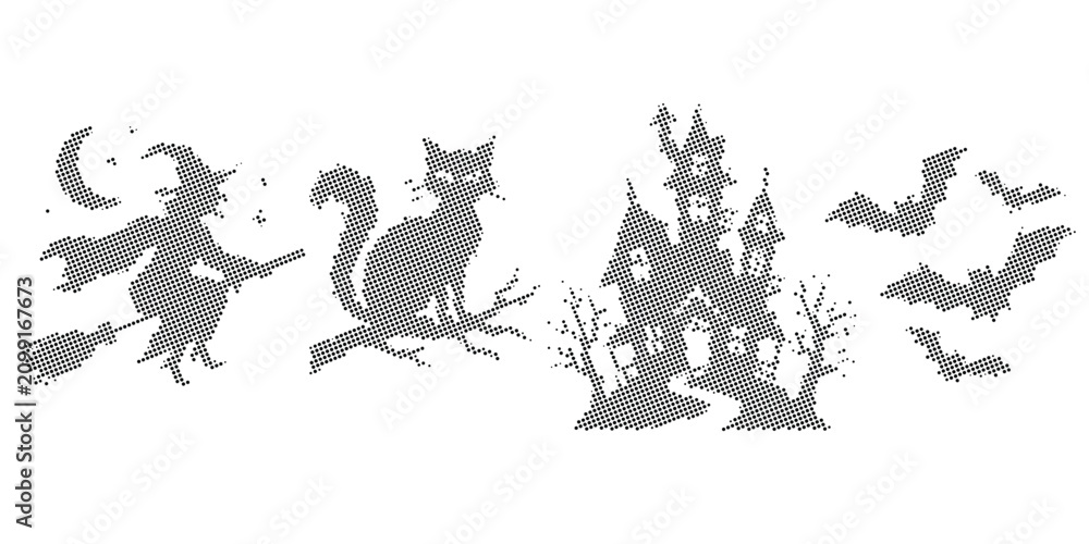 Fototapeta premium Halloween scene witch flying cat haunted house bats, dotted halftone set