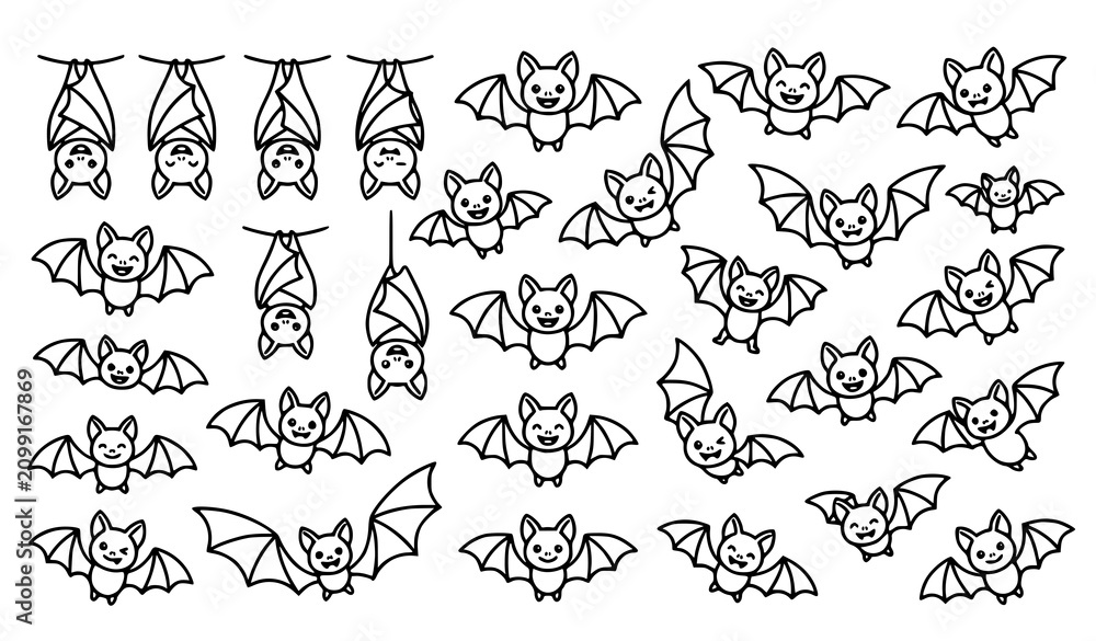 Obraz premium Minimal cute bat vector collection with black outline wings and smiling cartoon characters