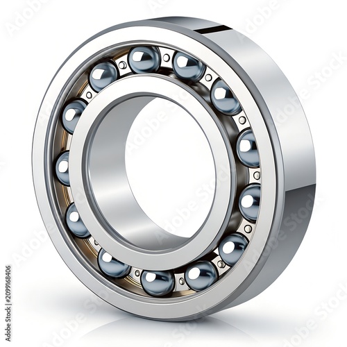 Industrial mechanical steel ball bearing detail isolated on white background macro view of machine component engineering