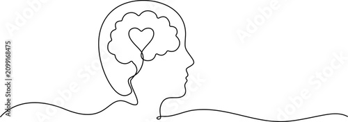 Continuous line drawing, heart in brain, minimalist human head, simple vector illustration, emotional intelligence concept