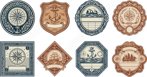 Bild auf Leinwand Vintage Nautical Label and Badge Vector Set with Ornate Marine Compass Anchor Sa