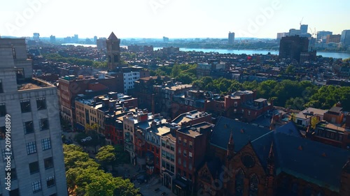 Approaching the Church of Covenant at Newbury Street in Boston's historic Back Bay neighborhood. Green scenery of Boston, Massachusetts, USA.