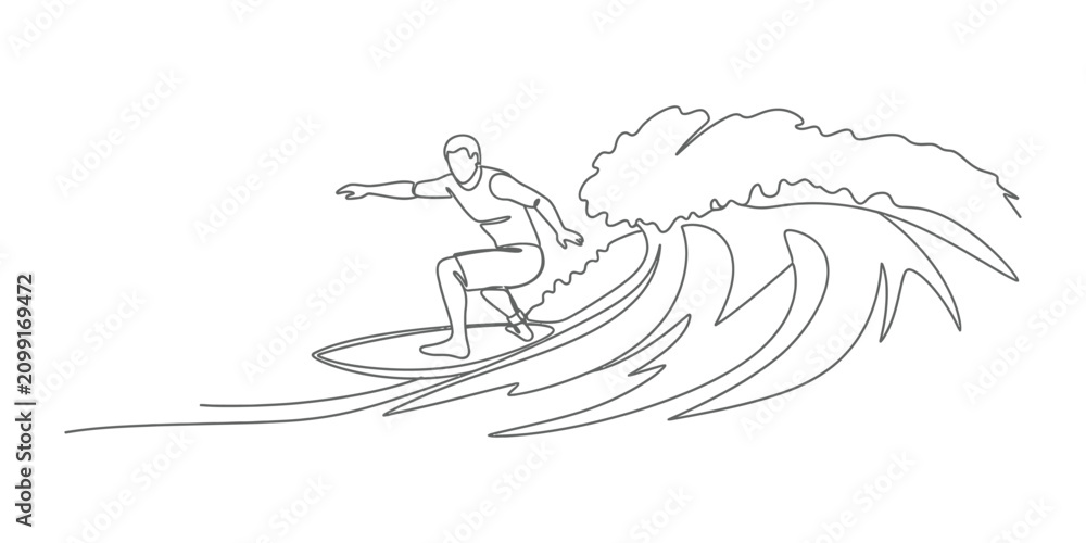 Fototapeta premium Continuous one line drawing of a surfer riding a wave.