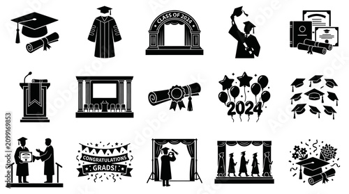 Graduation Icons: Caps, Gowns, Diplomas, Stage, 2024 - Black  White Glyph
