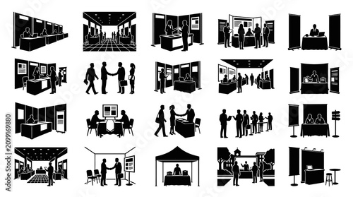 Trade Show  Business Exhibition Conference Icons. Event People, Booths, Networking  Presentation Silhouettes Glyph Art.