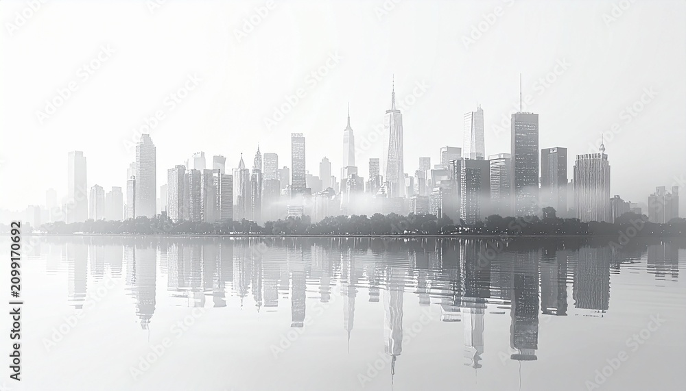 Obraz premium Minimalist Grayscale City Skyline Illustration with Fog and Reflection on White Background