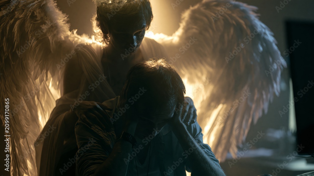Obraz premium Angel placing hands on the shoulders of a person with their head in their hands at a desk. Concept of divine support in crisis.