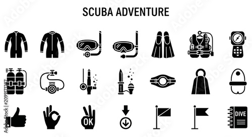 Bild auf Leinwand A grid of 21 black silhouette icons related to scuba diving equipment and hand s