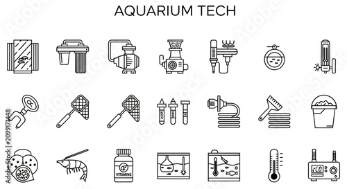 Foto Grid of eighteen blackline icons depicting various aquarium equipment and suppli