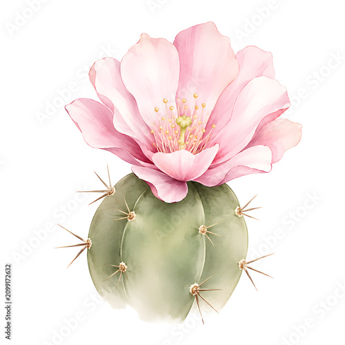 Blühender Kugelkaktus mit großer zartrosa Blüte. Detailreiche botanische Illustration mit grüner Kaktusform, feinen Dornen und filigranen Blütenblättern.