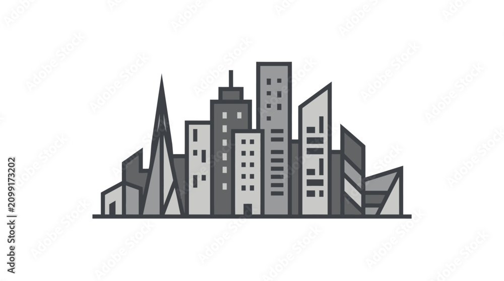 Fototapeta premium Stylized gray city skyline architectural illustration.