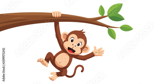 Photography Cute Monkey Hanging from Tree Branch with Green Leaves.