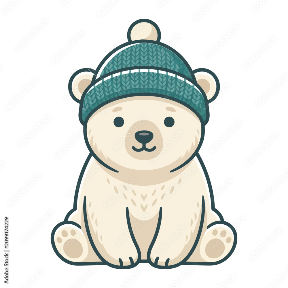 Obraz premium Cute Polar Bear Graphic Illustration Wearing A Cozy Winter Knit Hat Isolated On A Clean White Background Perfect For Seasonal Holiday Greeting Cards
