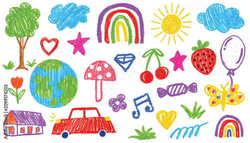 Kids Hand Drawn Crayon Doodle Vector Set with Cute Animals, Rainbow, House, Planets and Child Sketch Illustrations for Nursery, Baby Pattern, Posters and Kindergarten Design