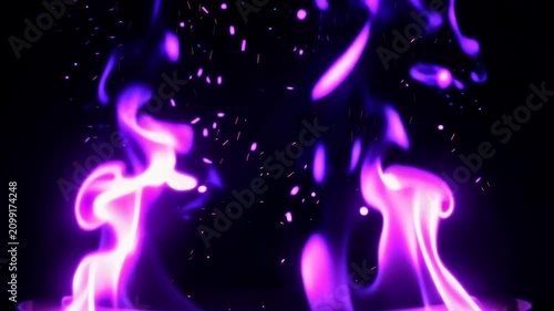 Vibrant purple flames on a dark background with sparks flying around