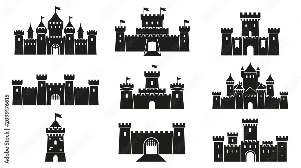 Obraz premium Collection of castle silhouettes architecture.
