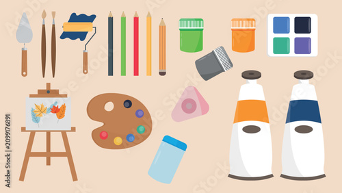 Art supplies and painting tools vector flat illustration set. Back to school