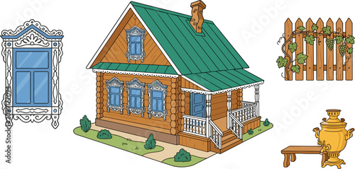 Fotografía Traditional Russian Wooden House Izba Vector Illustration Set with Carved Window