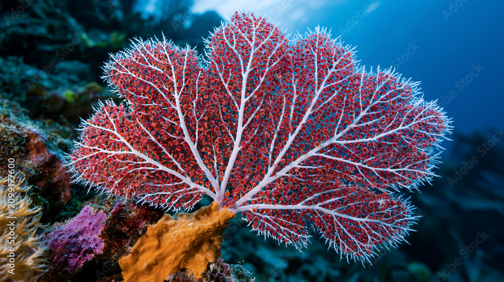 Obraz premium Gorgonia ventalina sea fan polyp network spread across current-facing substrate, calcite axis branching in dichotomous planar array, zooid cups arranged along each branch, encrusting sponge competin