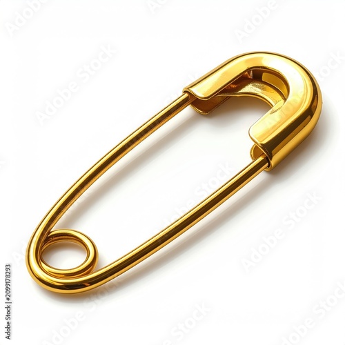 A shiny, golden safety pin rests against a stark white background