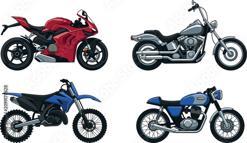 Konstfotografi Modern and vintage motorcycles vector cartoon illustration set featuring red spo