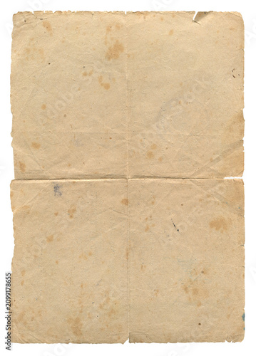 Bild auf Leinwand vertical long old aged paper texture with beige tint creases and folds on white