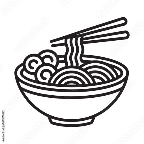 Ramen bowl with chopsticks black and white line illustration