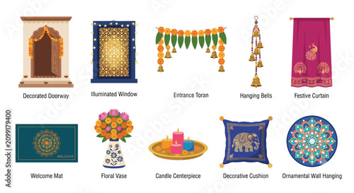 Bild auf Leinwand A collection of traditional Indian festive decorations including a decorated doorway, illuminated window, toran, bells, curtain, mat, vase, candles, cushion, and wall hanging