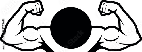 Canvastavla Powerful black and white vector illustration of a strong man flexing muscular biceps with confidence in a modern gym studio