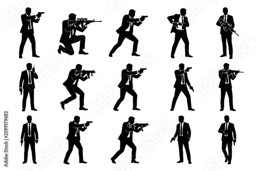 Secret Agent Silhouettes with Firearms and Suits Vector Set