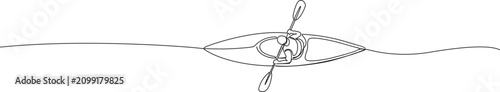 minimalist continuous line drawing of person paddling in a kayak, top-down view of a kayaker on water, outdoor adventure and water sports concept, line art vector illustration