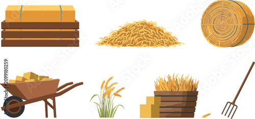 Photos Agricultural Hay and Straw Harvest Vector Icon Set with Haystacks Round Bales Wo