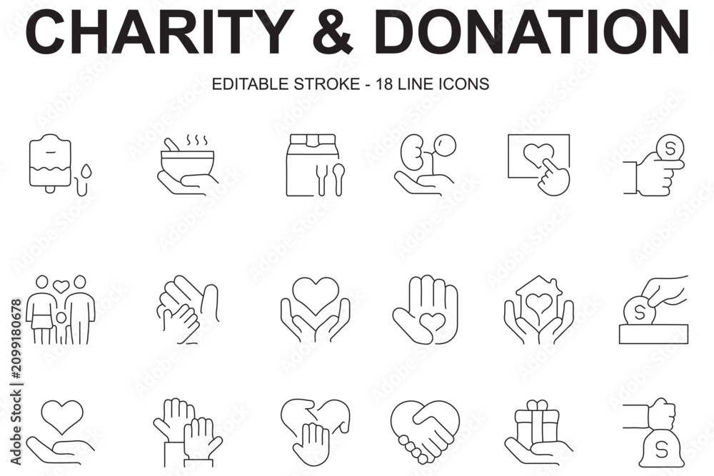 Fototapeta premium Charity and donation icons set representing giving, support, fundraising, community help and social care. Editable Stroke.