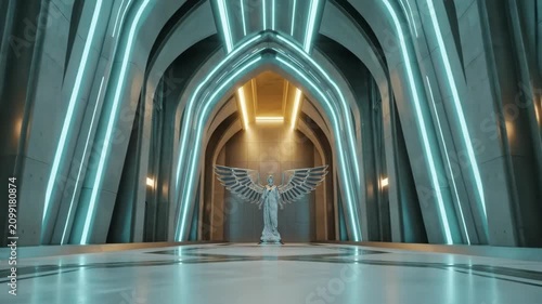 Angel statue inside futuristic digital church with neon light. Sci-fi cathedral architecture corridor. Concept of advanced technology meeting faith and spirituality.