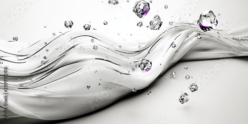 Luxury silver fluid abstract wave with crystal accents isolated on white for branding.

