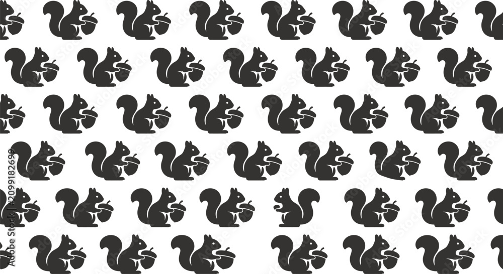Fototapeta premium Seamless Pattern of Cute Black Squirrel Silhouettes Holding Acorns on White Background. Flat vector illustration EPS 10.