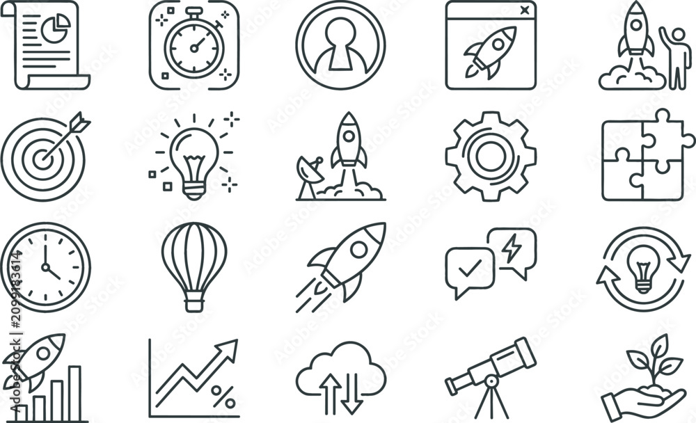 Fototapeta premium Business Startup Line Icon Set with Rocket Launch, Innovation Idea, Strategy Target, and Financial Growth Symbols for Entrepreneurial Websites and Apps