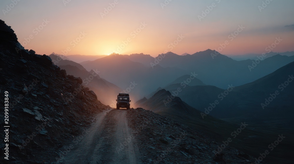 Obraz premium Dusty alpine landscape with a single vehicle silhouette on a winding rocky trail