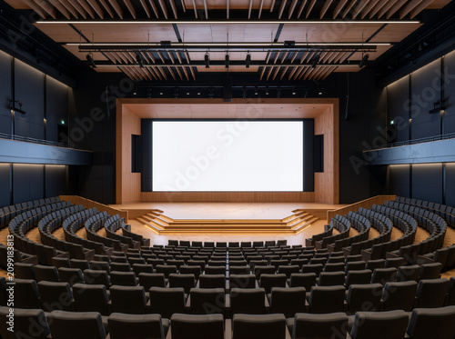 Stage Canvas: Blank Ultra-Wide LED Screen Anchors a Luxe Auditorium—Oak, Steel, and Acoustic Elegance in 8K Architectural Detail