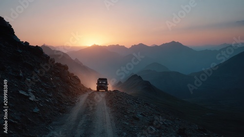 Dusty alpine landscape with a single vehicle silhouette on a winding rocky trail