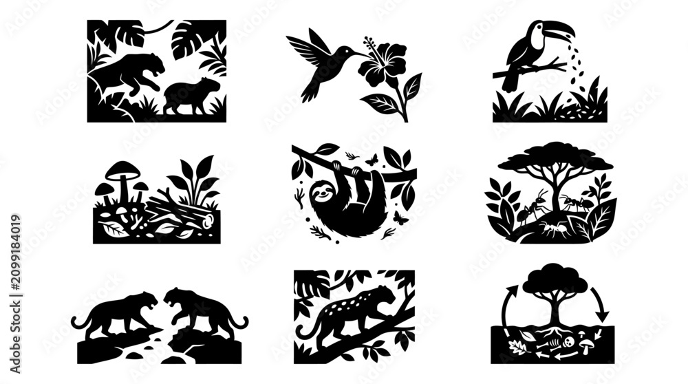Fototapeta premium Black silhouettes of jungle animals icons.