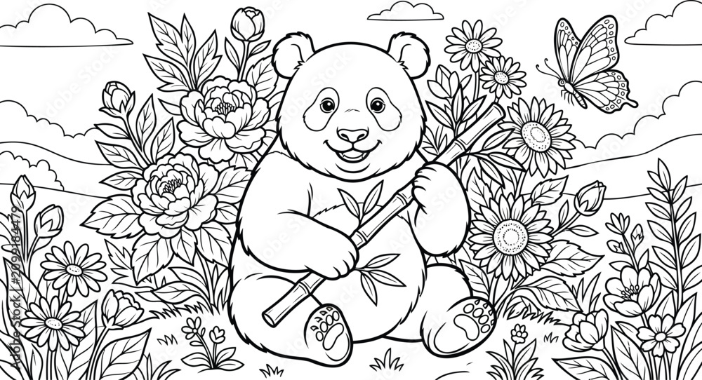 Obraz premium Cute cartoon panda bear sitting peacefully in a stylized bamboo and flower garden bamboo leaves flowers
