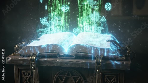 Glowing digital symbols emerging from an old book on a wooden stand. The legacy bible data is streaming as light particles, symbolizing the modern digital church.