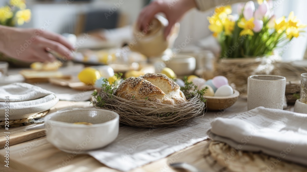 Fototapeta premium Cozy spring breakfast table with fresh bread and daffodils in a bright, sunlit kitchen setting