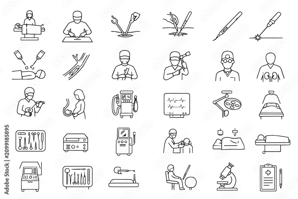 Fototapeta premium This image is a set of 30 black line icons (Medical Surgery Line Icons) depicting surgical procedures, medical personnel, surgical instruments, and operating room equipment.