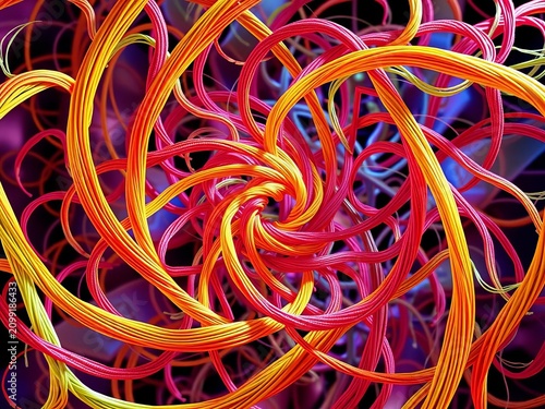 Interwoven tendrils unfurl from central hub, spiraling outward in intricate dance, pattern, branching