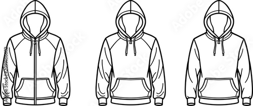 Foto Set of technical sketches featuring casual hoodies with drawstring hoods, kangaroo pockets, and zipper closure options for apparel fashion design