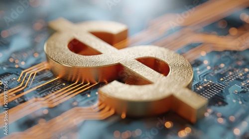 Golden dollar symbol on circuit board representing digital finance and technology integration